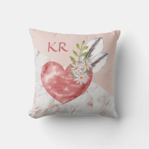 Boho Pink Heart Feathers Marble Pattern Initials Cushion