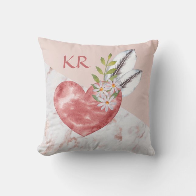 Boho Pink Heart Feathers Marble Pattern Initials Cushion (Front)