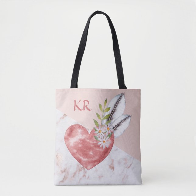 Boho Pink Heart Feathers Marble Pattern Initials Tote Bag (Front)