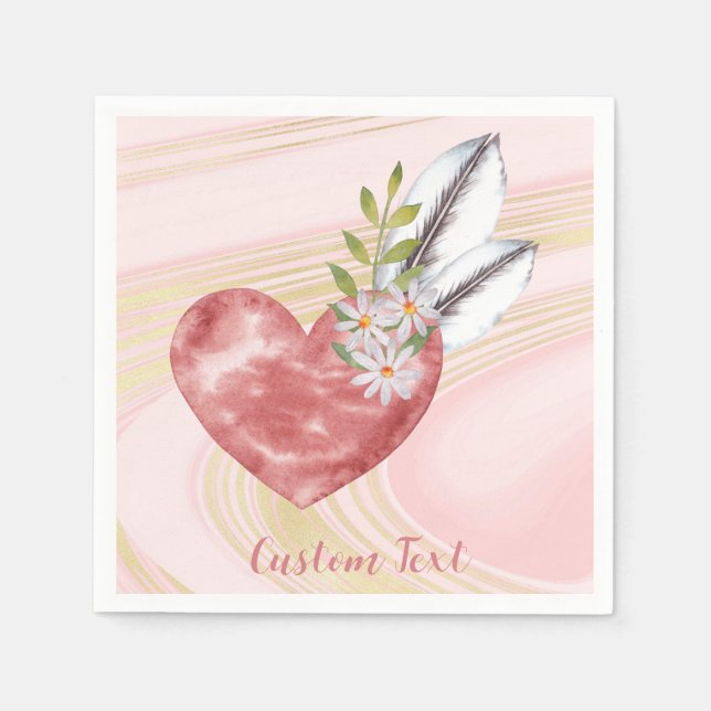 Boho Pink Heart Feathers Personalised Napkin (Front)