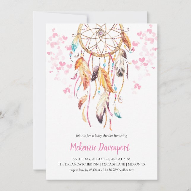 Boho Pink Heart Pink Dreamcatcher Girl Baby Shower Invitation (Front)