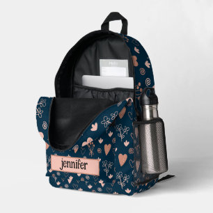 Boho Pink Hearts & Flowers on Dark Cornflower Printed Backpack