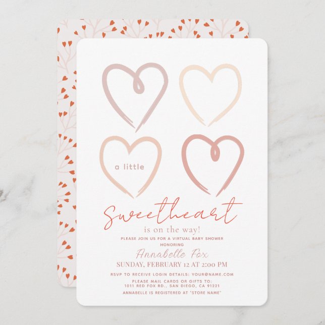 Boho Pink Hearts Sweetheart Virtual Baby Shower Invitation (Front/Back)