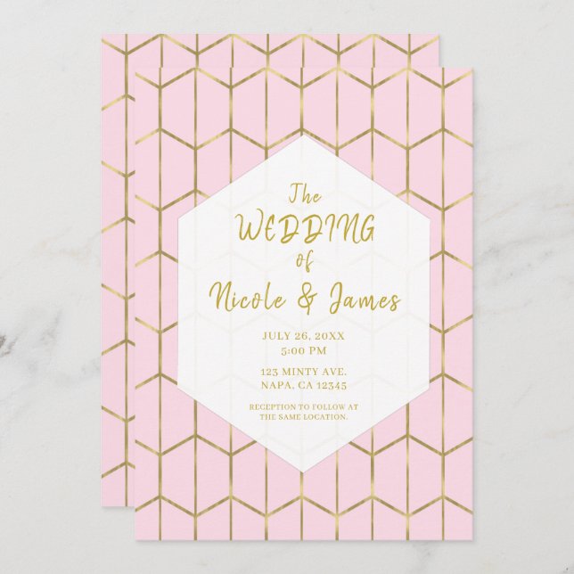 Boho Pink Hexagon Gold Geometric Glam Wedding  Invitation (Front/Back)
