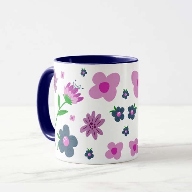 Boho Pink Indigo Blue Flowers | Two-Tone Coffee Mug (Front Left)