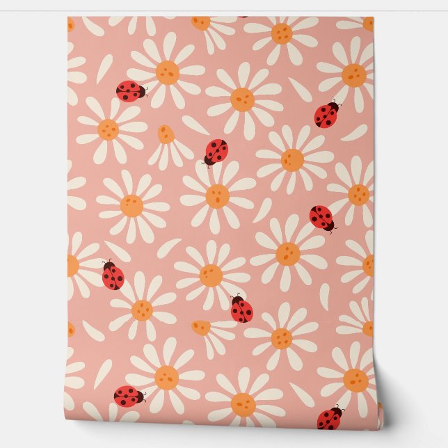 Boho Pink Ladybugs and Daisies Wallpaper (Unrolling)
