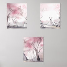 Boho Pink Landscape Wall Art Set of 3