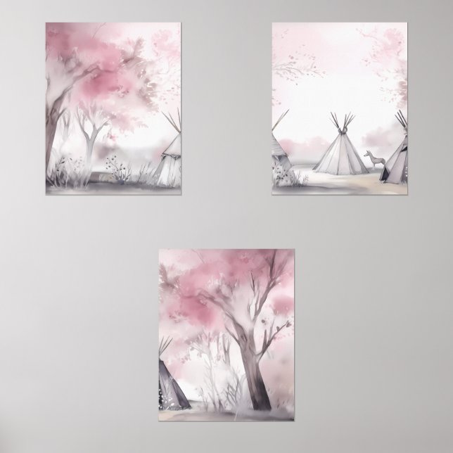 Boho Pink Landscape Wall Art Set of 3 (Front)