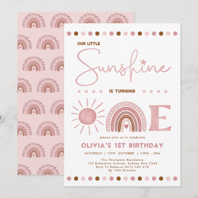 Boho Pink Little Sunshine Rainbow Girl Birthday Invitation (Front/Back)