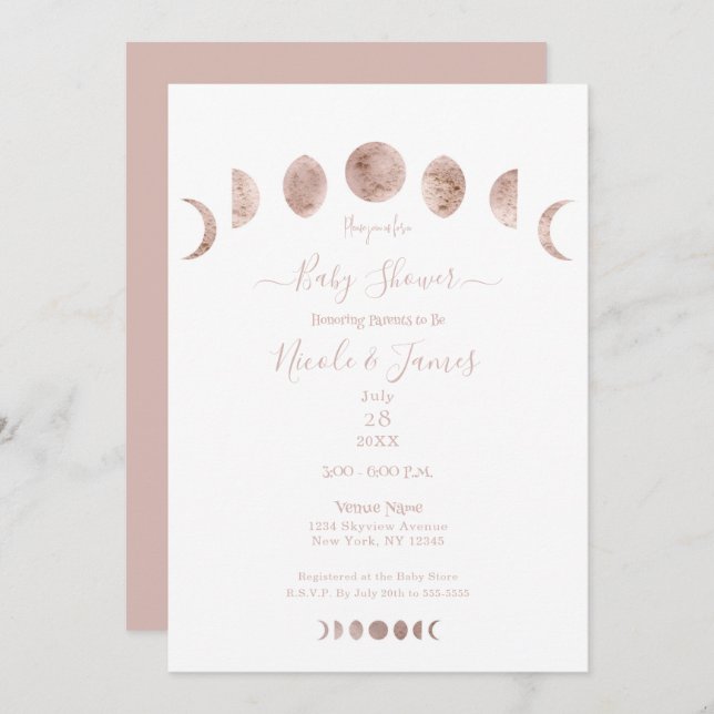 Boho Pink Moon Phases Modern Minimal Baby Shower  Invitation (Front/Back)