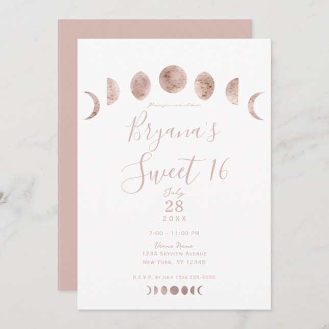 Boho Pink Moon Phases Modern Minimal Sweet 16   Invitation (Front/Back)
