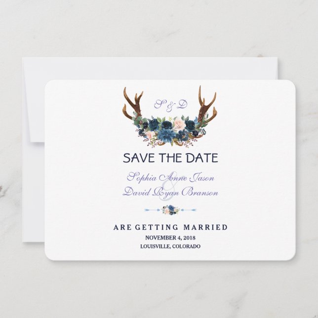Boho Pink Navy Blue Floral Antlers Save The Date (Front)
