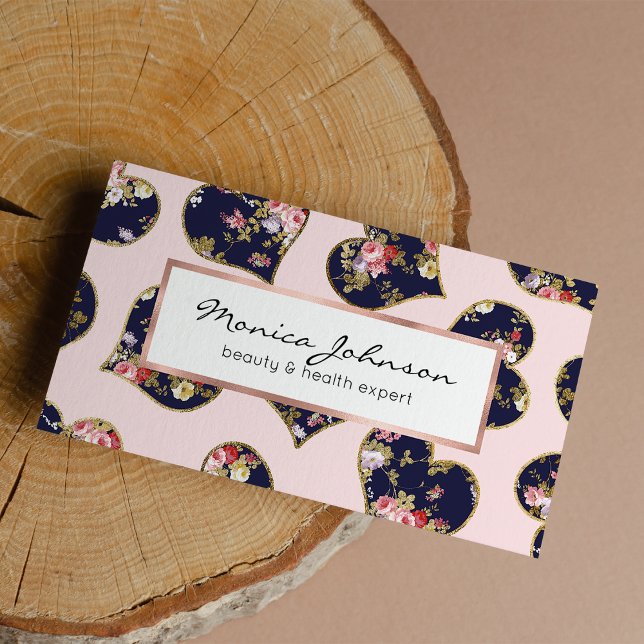 Boho pink navy blue gold valentine floral hearts business card (Boho pink navy blue gold valentine floral hearts)