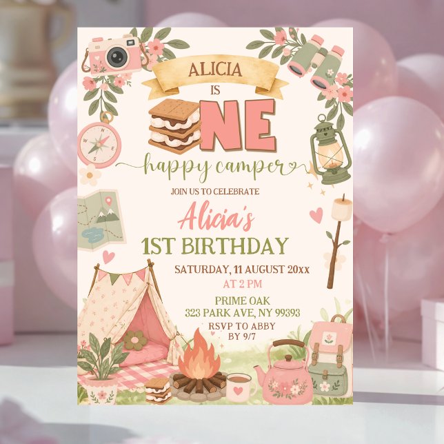Boho Pink One Happy Camper First Birthday Invitation (Creator Uploaded)
