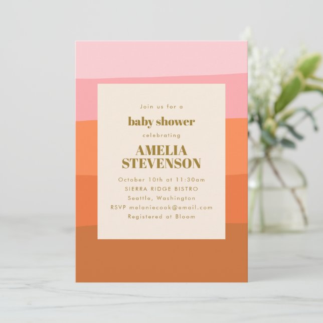 Boho Pink Orange Abstract Stripes Baby Shower Invitation (Standing Front)