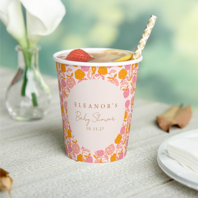 Boho Pink Orange Floral Cute Baby Shower Custom Paper Cups (Insitu)