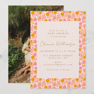 Boho Pink Orange Floral Cute Baby Shower Photo Invitation