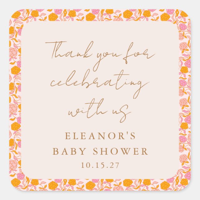 Boho Pink Orange Floral Cute Baby Shower Thank You Square Sticker (Front)