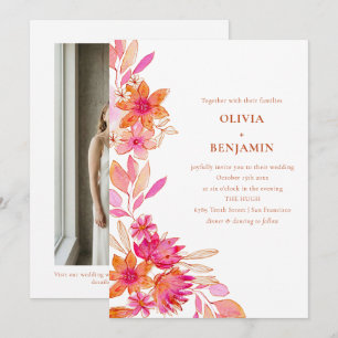 Boho Pink Orange Floral Watercolor Photo Wedding Invitation