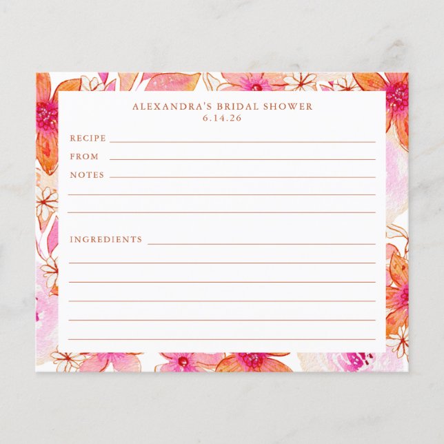 Boho Pink Orange Flowers Bridal Shower Recipe Card (Front)
