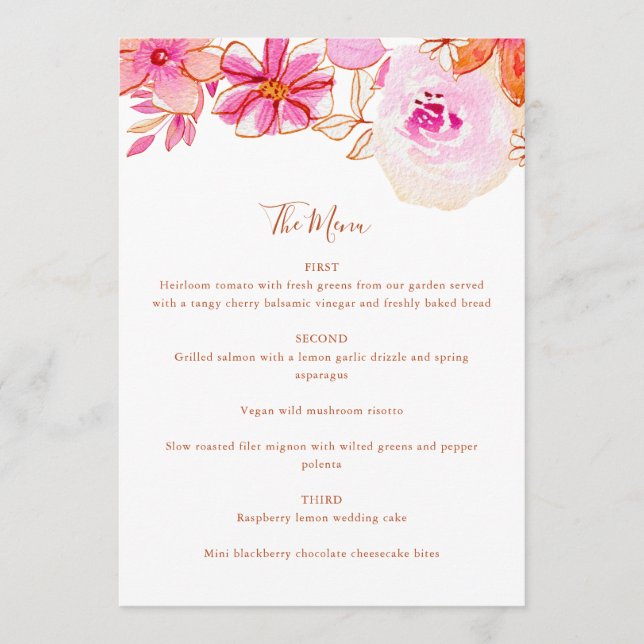 Boho Pink Orange Flowers Custom Wedding Menu (Front)