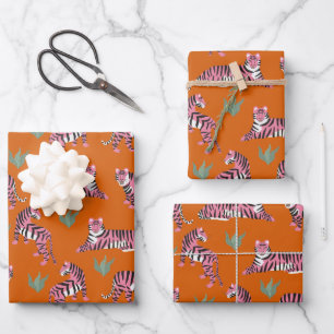 Boho Pink Orange Jungle Tiger Animal Pattern Wrapping Paper Sheet