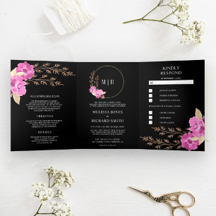 Boho Pink Orchid Floral All In One Black Wedding Tri-Fold Invitation