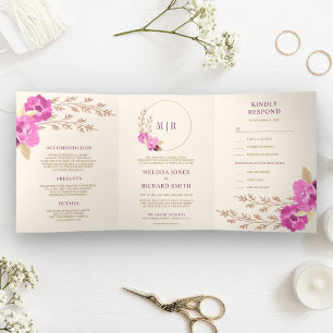 Boho Pink Orchid Floral All In One Ivory Wedding Tri-Fold Invitation