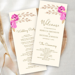 Boho Pink Orchid Floral Ivory Wedding Program