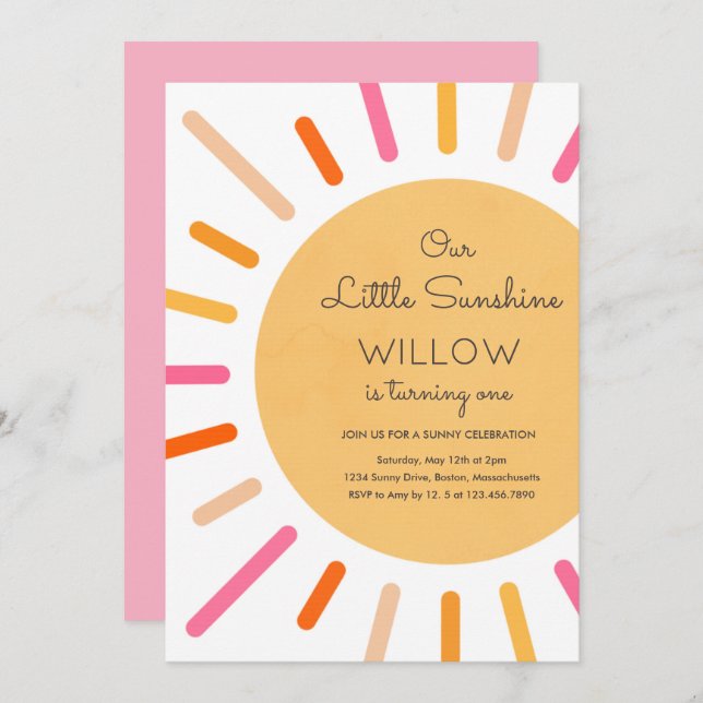 Boho Pink Our Little Sunshine Birthday Party Invitation (Front/Back)