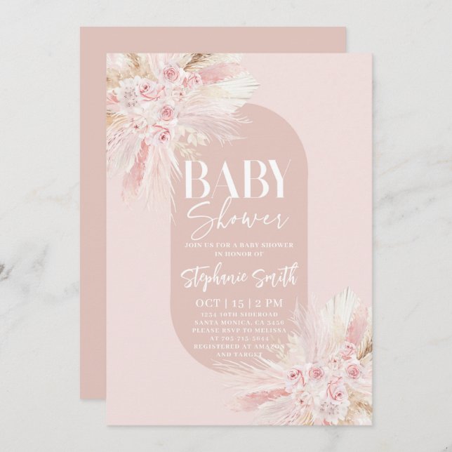 Boho Pink Pampas Baby Shower Girl Invitation (Front/Back)