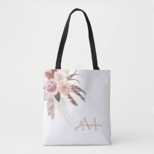 Boho Pink Pampas Grass Dried Flowers Monogram Tote Bag