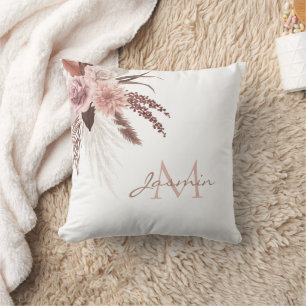 Boho Pink Pampas Grass Floral Monogram Cushion