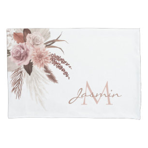 Boho Pink Pampas Grass Floral Monogram Pillowcase