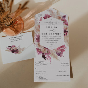 Boho Pink Pampas Grass Floral Wedding All In One Invitation
