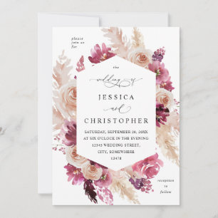 Boho Pink Pampas Grass Floral Wedding Beige Invitation