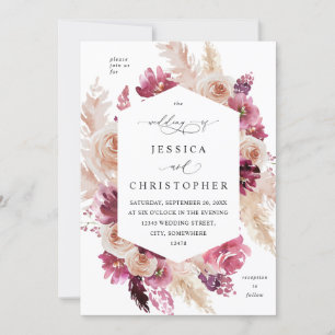 Boho Pink Pampas Grass Floral Wedding Pink Invitation