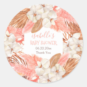 Boho Pink Pampas Grass Orchid Blooms Baby Shower Classic Round Sticker