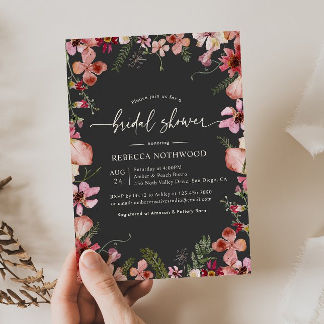 Boho Pink Peach Florals Charcoal Bridal Shower Invitation (Creator Uploaded)