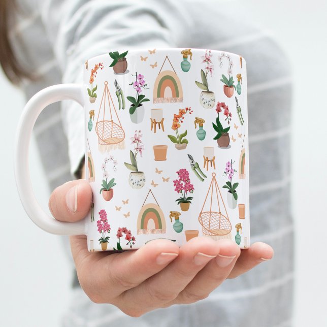Boho Pink & Peach Orchid Floral Pattern Mug (Woman hand holding a Boho Orchid mug patter.)