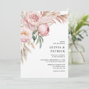 Boho Pink Peonies & Pampas Grass Floral Wedding Invitation