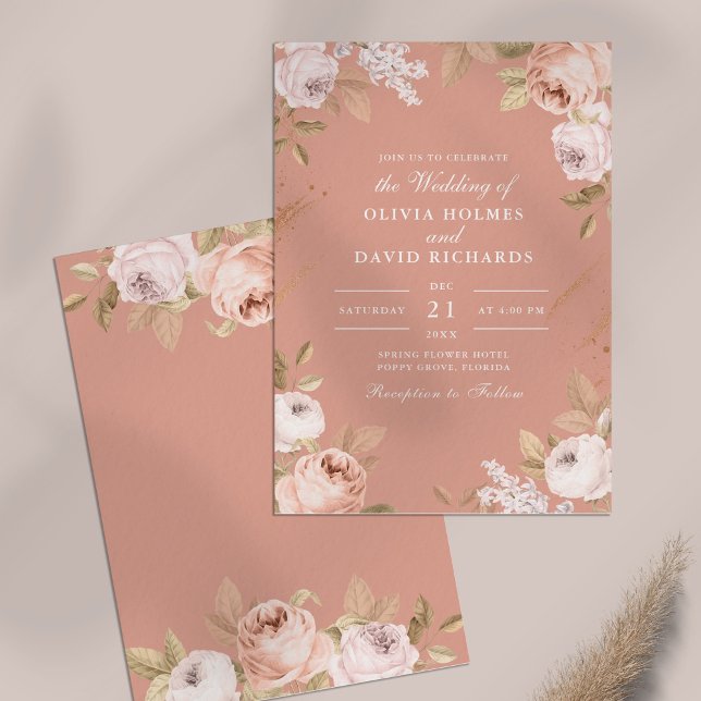 Boho Pink Peonies Wedding Invitation (Boho Pink Peonies Wedding Invitation on a table)