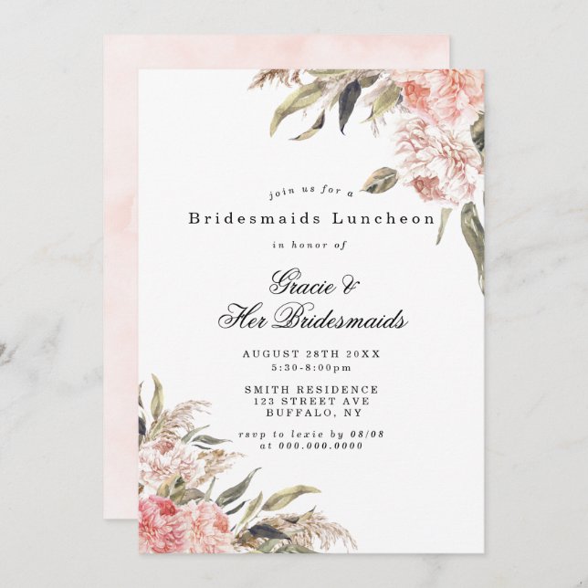 Boho Pink Peony Bridesmaids Luncheon Invites (Front/Back)