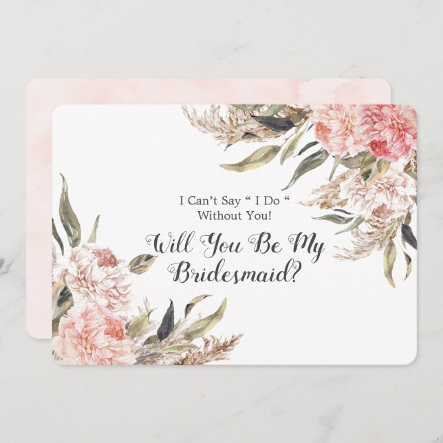 Boho Pink Peony Pampas Will You Be My Bridesmaid Invitation (Front/Back)