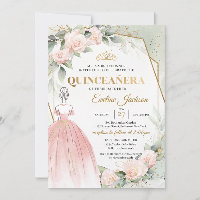 Boho Pink princess dress blush flowers Quinceanera Invitation (Front)