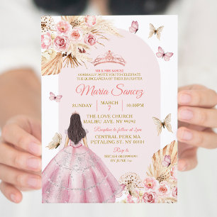 Boho Pink Princess Floral Mexican Quinceañera Invitation