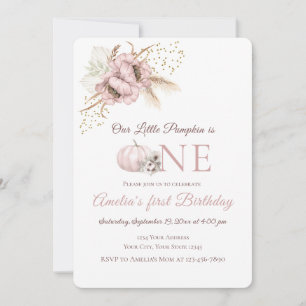  Boho Pink Pumpkin 1st Birthday Invitation