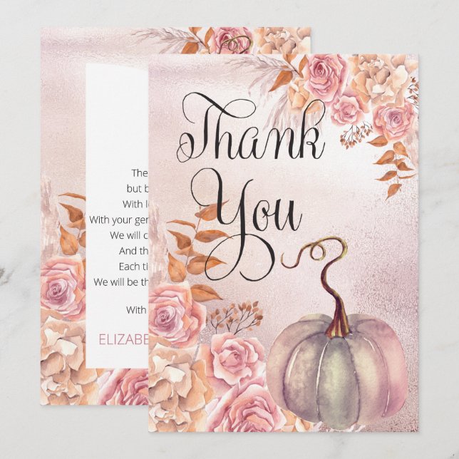 Boho Pink Pumpkin | Pampas Grass Girl Baby Shower Thank You Card (Front/Back)