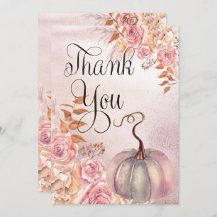Boho Pink Pumpkin   Pampas Grass Girl Baby Shower Thank You Card