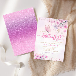Boho Pink Purple Floral Butterfly Girl Baby Shower Invitation